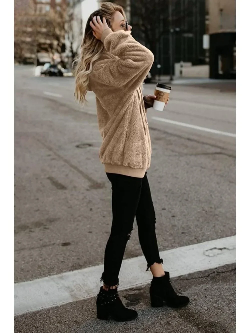 Cozy Oversized Sherpa Pullover Hoodie with Pockets | Fuzzy Fleece Plaid Jacket